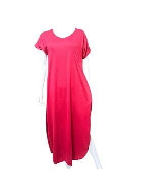 Womens Casual Maxi Dress 2XL Maroon Cotton Blend Short Sleeve Pockets Side Slit